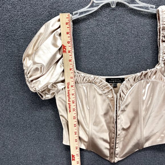 Blue Blush Top womens Large Satin corset Beige Crop Puff short Sleeve sweetheart - Picture 11 of 13